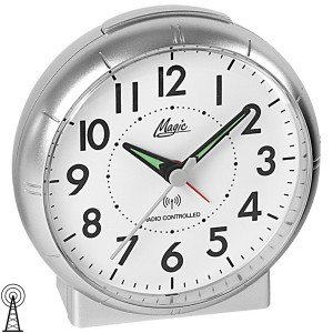 Wecker Funk Funkwecker silbern rund mit Licht Snooze