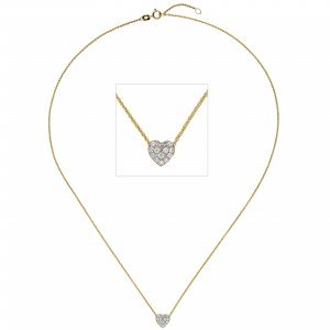 Collier Kette mit Anhänger Herz 375 Gelbgold bicolor 14 Zirkonia 45cm