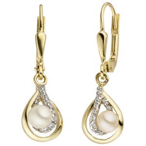 Ohrhänger 375 Gelbgold 2 Süßwasser Perlen 24 Zirkonia Perlenohrringe