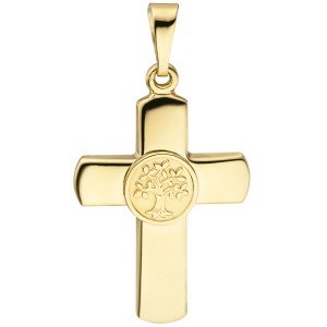 Anhänger Kreuz Lebensbaum 333 Gelbgold teil matt