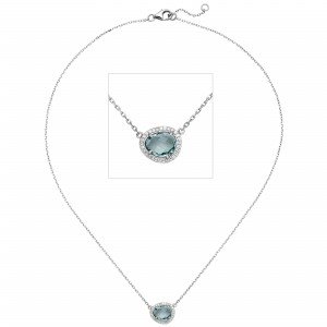 Kette mit Anhänger 925 Silber 1 Glasstein blau hellblau 29 Zirkonia 45cm