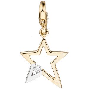 Einhänger Charm Stern 375 Gelbgold bicolor 1 Zirkonia