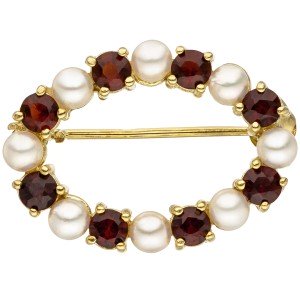 Brosche 375 Gelbgold 8 Akoya Perlen 8 Granate rot