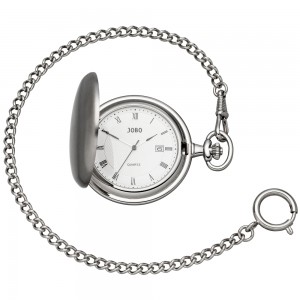 Taschenuhr Quarz Analog verchromt Datum Sprung-Deckel
