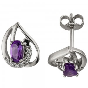 Ohrstecker 333 Weißgold 14 Zirkonia 2 Amethyste lila violett Ohrringe