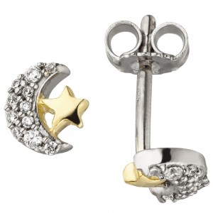 Kinder Ohrstecker Mond Stern 925 Sterlingsilber bicolor vergoldet 22 Zirkonia