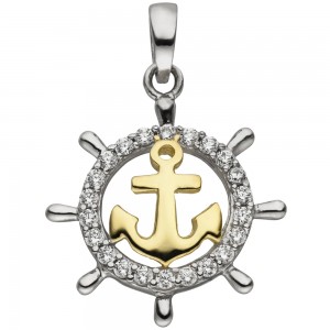 Anhänger Steuerrad Anker 925 Silber bicolor vergoldet 22 Zirkonia