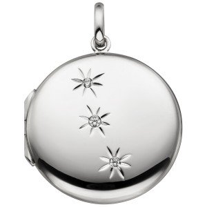 Medaillon rund zum Öffnen für 2 Fotos 925er Sterling Silber 3 Zirkonia