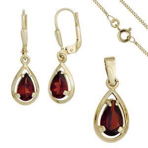 Schmuck-Set 333 Gelbgold 3 Granate rot Ohrringe und Kette 42cm
