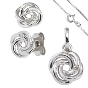 Schmuck-Set Knoten 585 Weißgold 3 Diamanten Ohrringe und Kette 42cm