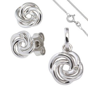 Schmuck-Set Knoten 585 Weißgold 3 Diamanten Ohrringe und Kette 45cm