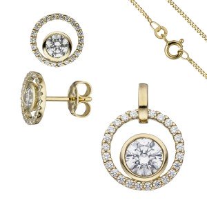 Schmuck-Set 333 Gelbgold mit Zirkonia Ohrstecker und Kette 42cm