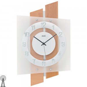 AMS 5530 Wanduhr Funk Funkwanduhr analog Holz Buche mit Glas
