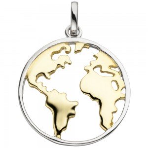 Anhänger Weltkarte 925 Sterlingsilber bicolor vergoldet