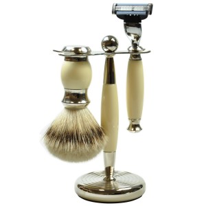 Golddachs Rasierset 3-teilig Metall mit Kunststoff-Pinsel mit Dachs-Silberspitze