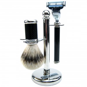 Golddachs Rasierset 3-teilig Metall mit Carbon Optik Pinsel Dachs-Silberspitze
