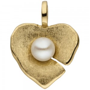 Anhänger Herz 585 Gelbgold eismatt 1 Süßwasser Perle Herzanhänger