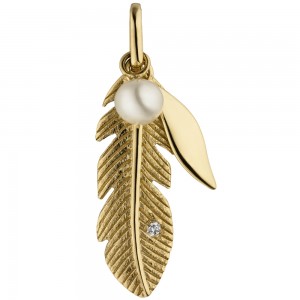 Anhänger Feder 585 Gelbgold 1 Süßwasser Perle 1 Diamant Brillant