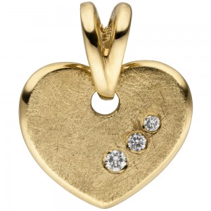 Anhänger Herz 585 Gelbgold eismatt 3 Diamanten Brillanten Herzanhänger