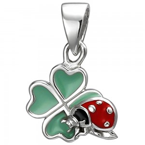 Kinder Anhänger Marienkäfer auf Kleeblatt 925 Sterlingsilber