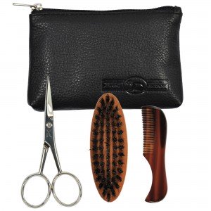 Golddachs Bart-Set im Lederetui Bartkamm Bartbürste Bartschere