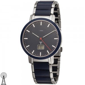 Herren Armbanduhr Funk Edelstahl Keramik blau mit Datum