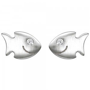 Kinder Ohrstecker Fisch 925 Sterlingsilber matt 2 Zirkonia Ohrringe