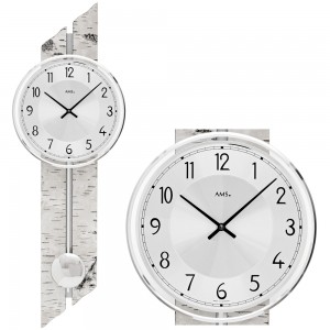AMS 7470 Wanduhr Quarz mit Pendel Pendeluhr Holz Birke-Optik