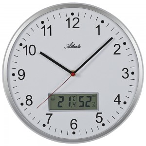 Atlanta 4503/19 Wanduhr Quarz analog silbern mit Thermometer Hygrometer leise