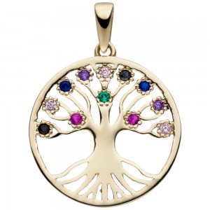 Anhänger Lebensbaum 333 Gold Gelbgold 12 Zirkonia bunt