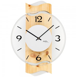 AMS 9623 Wanduhr Quarz analog Holz Zirbe-Optik mit Glas modern geschwungen