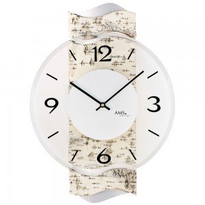 AMS 9624 Wanduhr Quarz analog Holz Birke-Optik mit Glas modern geschwungen