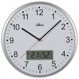 Atlanta 4503/19 Wanduhr Quarz analog silbern mit Thermometer Hygrometer leise