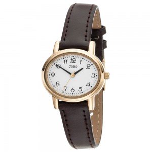 JOBO Damen Armbanduhr Quarz Analog Edelstahl vergoldet Lederband braun 190mm