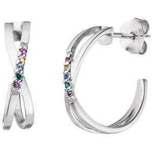 Halbcreolen 925 Sterling Silber mit 10 Zirkonia Ohrringe Creolen