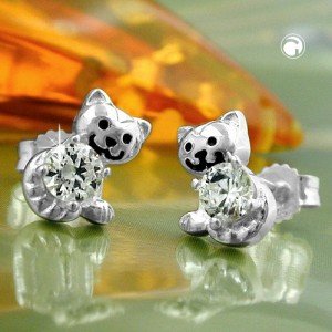Ohrstecker Katze mit Zirkonia 925 Sterlingsilber