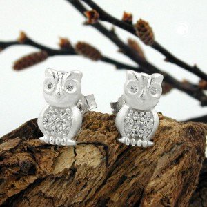 Ohrstecker Eule matt-glänzend Zirkonia 925 Sterlingsilber