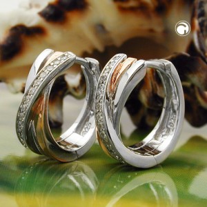 Creolen Ohrringe bicolor rotvergoldet Zirkonia rhodiniert 925 Sterlingsilber