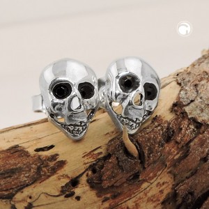 Ohrstecker 10x7mm Totenkopf mit schwarzen Glassteinen glänzend 925 Sterlingsilber