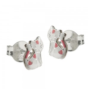 Stecker Kinderohrring Katze weiß-pink-lackiert 925 Sterlingsilber