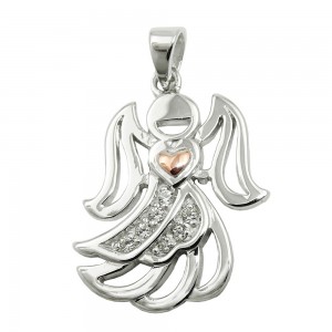 Anhänger Engel bicolor mit Zirkonias glänzend rhodiniert 925 Sterlingsilber