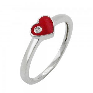 Ring Kinderring mit rotem Herz und weißen Zirkonia 925 Silber Größe 46