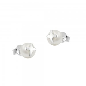 Stecker Süßwasserzuchtperle mit Silberkreuz 925 Sterlingsilber
