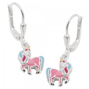 Ohrhänger Ohrringe Brisur Pferd mit einem Horn farbig lackiert 925 Sterlingsilber
