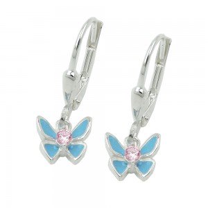 Ohrhänger Ohrringe Brisur Schmetterling hellblau lackiert mit Zirkonia pink 925 Sterlingsilber