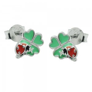 Ohrstecker Ohrring Kleeblatt mit Käfer farbig emailliert 925 Sterlingsilber