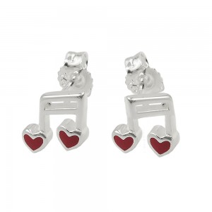 Ohrring Stecker Musiknote Doppelnoten mit Herz rot 925 Silber