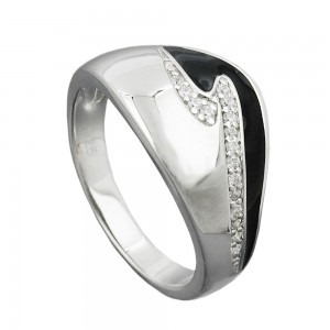 Ring schwarze Lackeinlage weiße Zirkonias glänzend rhodiniert 925 Silber Größe 54