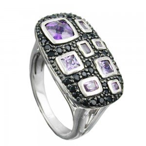 Ring mit Zirkonias lila-schwarz glänzend rhodiniert 925 Silber Größe 56