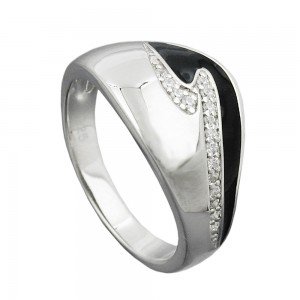 Ring schwarze Lackeinlage weiße Zirkonias glänzend rhodiniert 925 Silber Größe 58